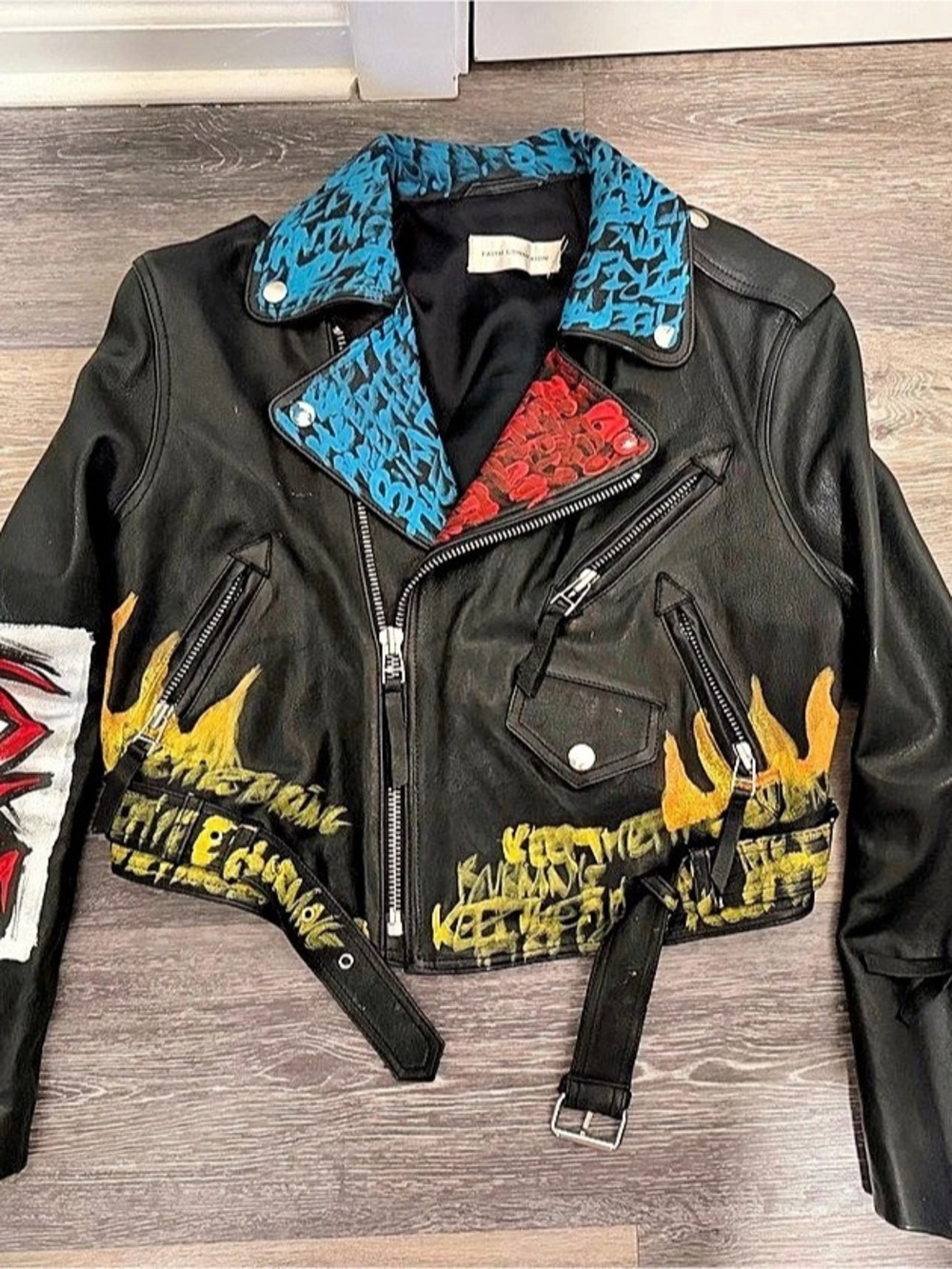 Faith Connexion Painted Graphic Leather Jacket Black & Blue Like New Size FR 38/